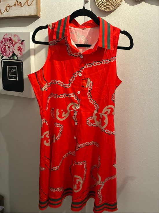 Dresses & Skirts - Red Sleeveless Chain Print Button-Front Dress
